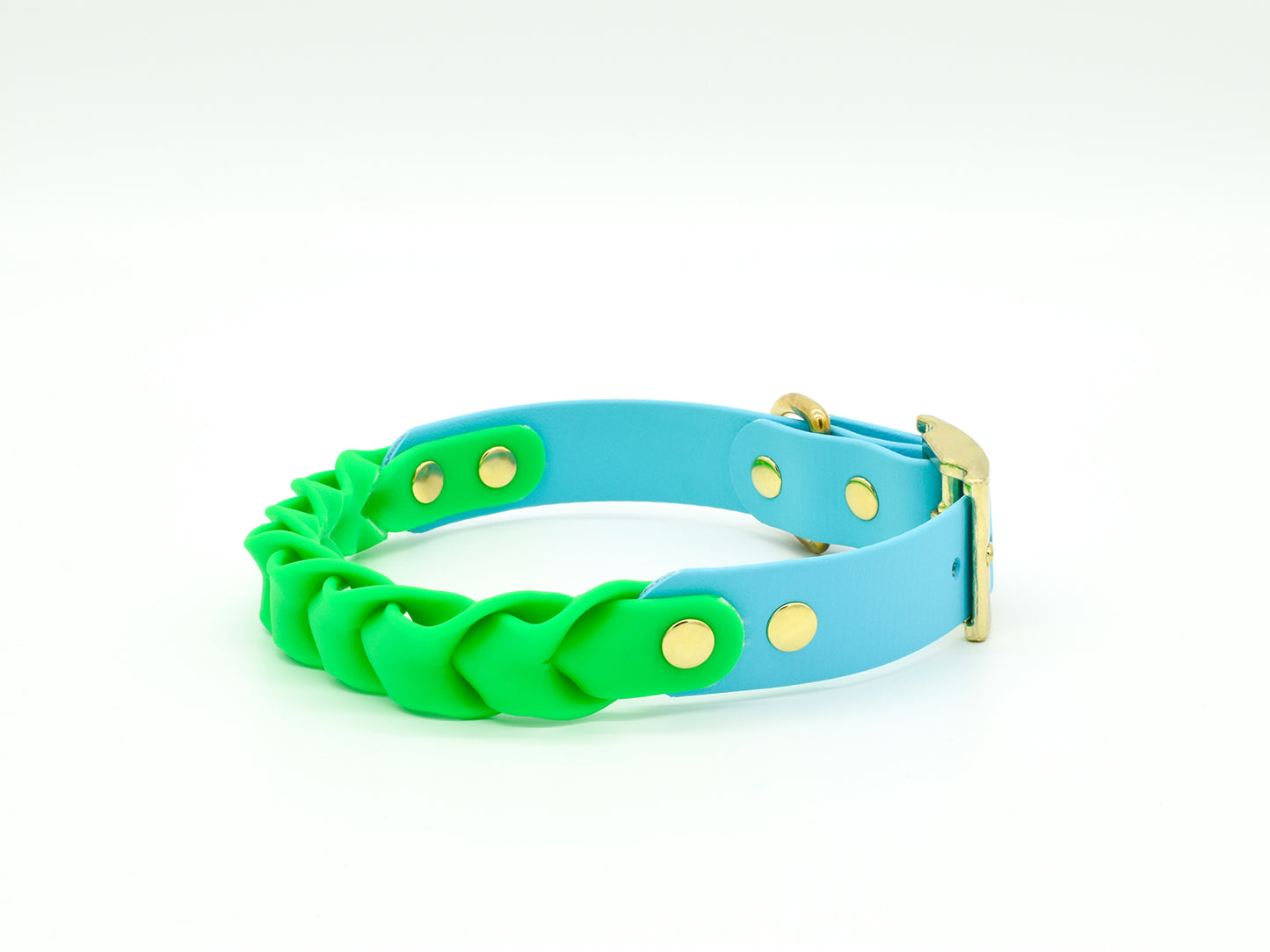 Lime Green and Blue Personalised Dog Collar Left Side