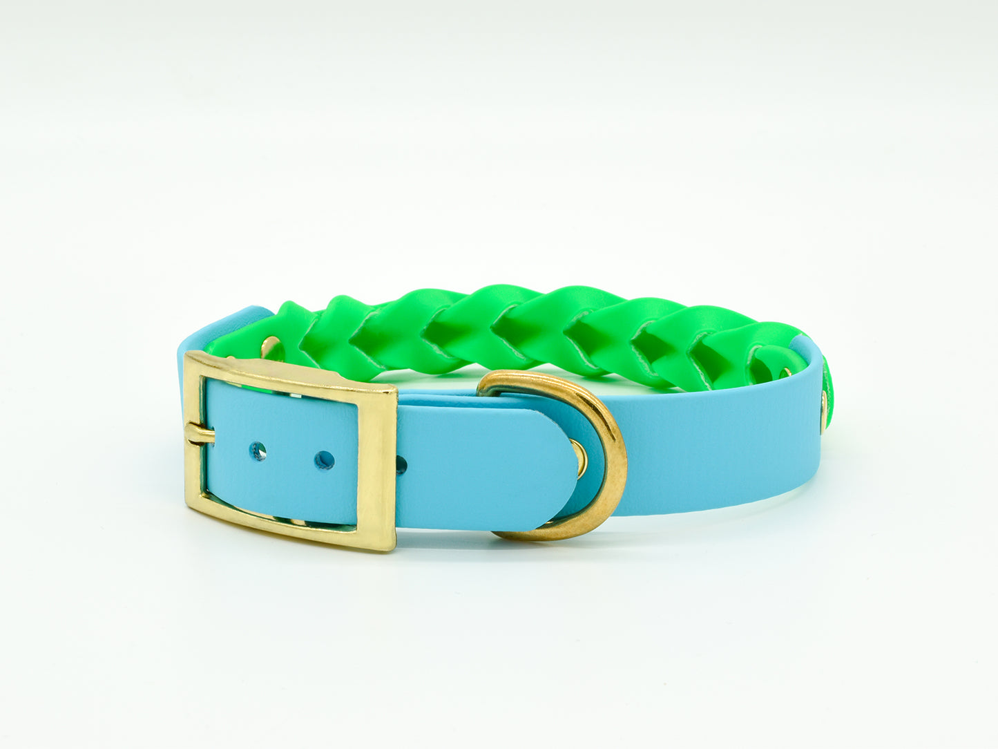 Lime Green and Blue Personalised Dog Collar Front Right Side