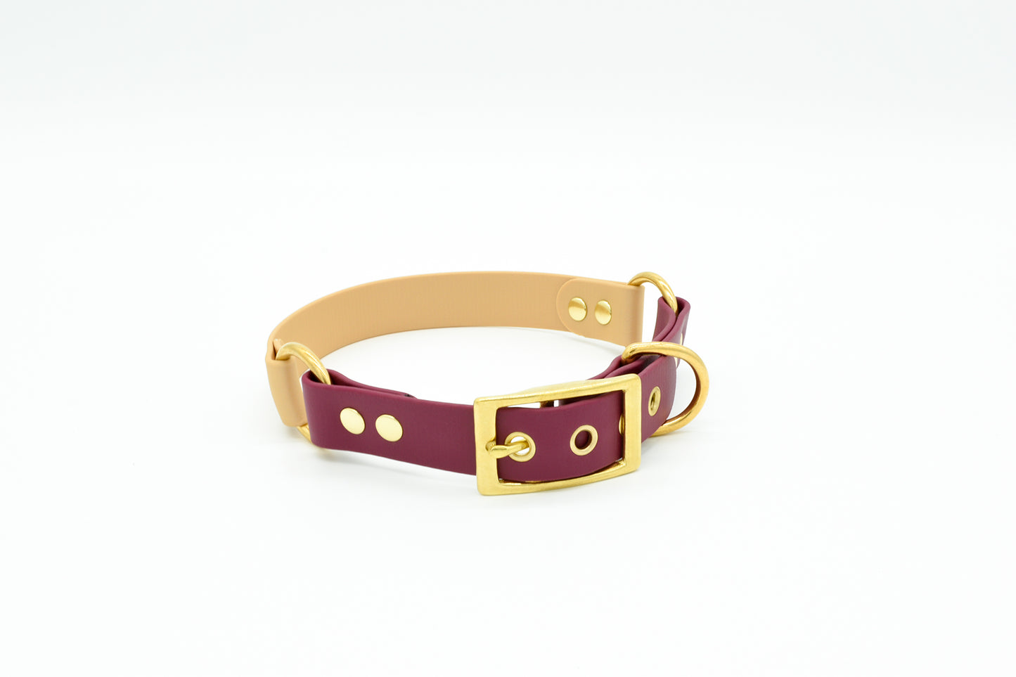 Burgundy and Cream Waterproof Biothane Dog Collar Front Left